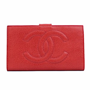 シャネル CHANEL キャビアスキン レッド 赤 ココマーク 折りたたみ がま口 長財布 ウォレット 中古