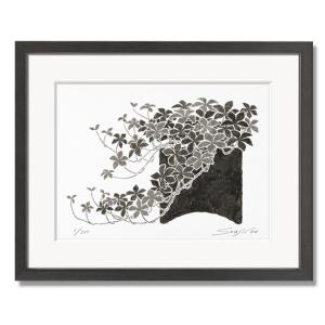 自作，日本の風景画 モノクロ 絵画 フレーム付き