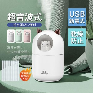 加湿器 USB給電式 ミニ加湿器 しずか 持ち運びに便利 超音波式 猫 卓上加湿器 アロマ対応 空焚き防止 乾燥防止 夜灯 おしゃれ 送料無料