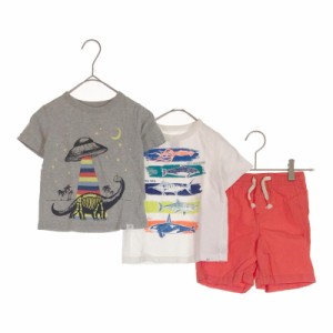 【04486】 GAP ギャップ Tシャツ パンツ 3枚 セット 100 白 赤 グレー ホワイト レッド キッズ 魚 恐竜 半袖 短パン