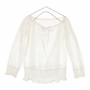 レディース M相当 blouse トップス シャツ ブラウス 長袖ブラウス シースルーブラウス ホワイト リボン ボートネック シンプル 【21403】