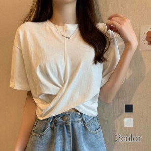 Tシャツ フロントクロス シンプル 半袖 ショート丈 無地 夏Tシャツ レディース トップス