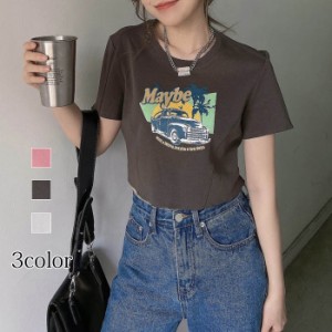 Tシャツ ショート丈 英字 ラウンド襟 半袖 夏Tシャツ レディース トップス