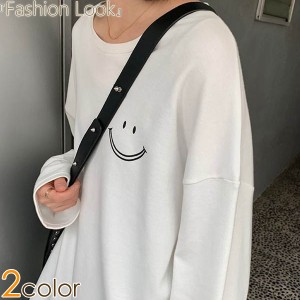 Tシャツ トップス プルオーバー 無地 シンプル 黒 白 スマイル ゆったり 長袖 レディース