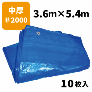 ブルーシート＃2000 3.6ｍ×5.4ｍ（10枚入）中厚タイプ ハトメ付き 建築資材 土木資材 備蓄資材 災害対策 台風対策 大雨対策 屋根保護 雨