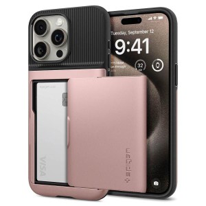 Spigen iPhone15Pro ケース 手帳型 カード2枚収納 耐衝撃 ワイヤレス充電 ACS06729 ローズゴールド