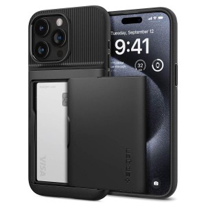 Spigen iPhone15Pro ケース 手帳型 カード2枚収納 耐衝撃 ワイヤレス充電対応 ACS06728 ブラック