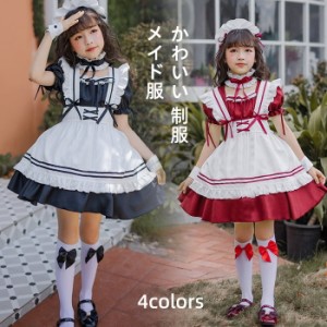 メイド服 コスプレ 膝丈 かわいい 制服 ハロウィン キッズ 子供 6点セット 女の子 ヘアピン エプロン ワンピース ネクタイ ハンドリング 