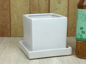 陶器鉢 MP キューブ型 白 つや無 11cm 0.85リットル 受皿付 植木鉢 おしゃれ 室内【mp-200sw】