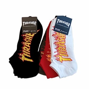 THRASHER スラッシャー メンズ ソックス アンクル 3足セット コットン 綿 ポリエステル 靴下 スケーター ストリート TH-SX218