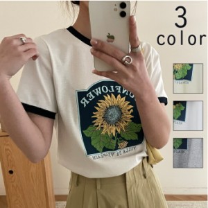 ひまわりTシャツ　リンガーTシャツ　半袖　3カラー　レディース 2023 春夏■n1757■ 韓国ファッション オールシーズン お洒落 カジュアル