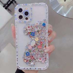 iPhone13mini　キラキラ ストーン フラワー ベアー くま ビジュー　かわいい スマホケース iphone13miniケース　ミニ