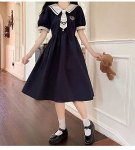 ワンピース ビッグカラー セーラー風 胸元リボン 半袖 夏用 夏服 かわいい レディース 中学生 デコ襟 大きいサ