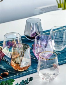 2個/セット 金縁のダイヤモンドグラス　六角形の幾何学透明クリスタルグラス　日本酒グラス　ウイングラス　 ウイスキーグラス カクテル
