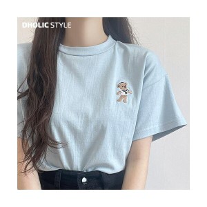 韓国トップス Tシャツ ティーシャツ 半袖 ハーフスリーブ ルーズ ゆったり ロンＴ パッチ 刺繍 ワンポイント ロゴ くまちゃん