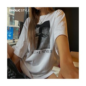 韓国ファッション トップス Tシャツ 半袖 ラウンドネック ルーズフィット オーバーサイズ MIDSUMMER プリント シック モノクロ 白黒 大人