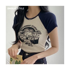 韓国ファッション トップス Tシャツ 半袖 スリムフィット ヴィンテージ ラウンドネック プリント セピアカラー ラグラン ミニT Y2K