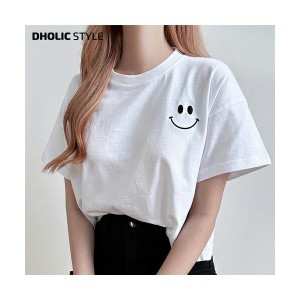 韓国ファッション トップス 半袖 Tシャツ 刺繍 顔 スマイル ニコちゃんマーク ルーズフィット 着回し 無地 単色ガーリー カラバリ