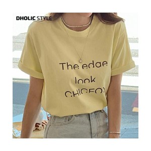 韓国ファッション トップス Tシャツ ラウンドネック 半袖 ロールアップ ショート丈 レタリング 英字 英文 ナチュラルライン