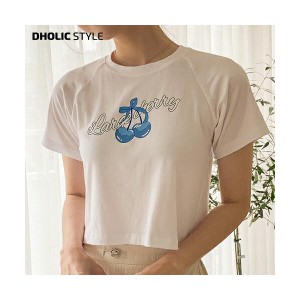 韓国ファッション トップス Tシャツ ラウンドネック 半袖 ラグランスリーブ クロップド ショート丈 チェリー プリント レタリング 細身 