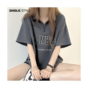 韓国 トップス Tシャツ ハーフジップ 半袖 プリント 楽ちん