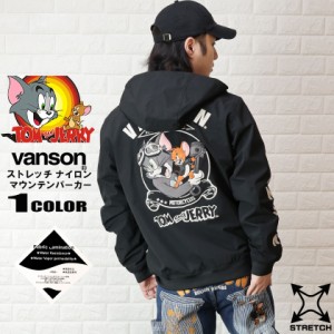 VANSON x TOM&JERRY ストレッチ ナイロン マウンテンパーカー 三層ストレッチ 高撥水 メンズ バイカー 黒 tjv-2305