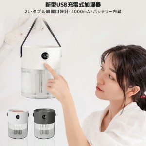 USB加湿器 加湿器 2000ml 2L 大容量 超音波式加湿器 ダブル 噴霧口 4000mAh バッテリー USB 充電 式 ディフューザー 卓上 オフィス