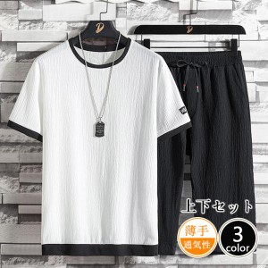 綿麻上下セット セットアップ リネン メンズ ワイドパンツ サルエルパンツ 上下 ルームウェア 半袖 薄手 Tシャツ パンツ 部屋着 カジュア