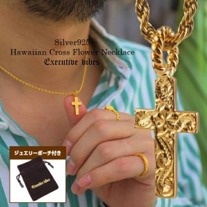 ネックレス メンズ クロスネックレス メンズ ネックレス ゴールド スクロール 十字架 ハワイアンジュエリー プルメリア 24金 24k k24 ゴ