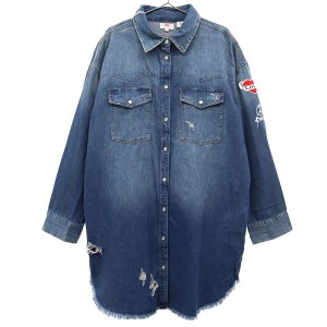 リーバイス ワッペン 長袖 デニム ロングシャツ M ブルー Levi’s レディース