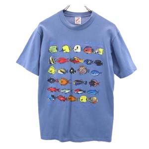 ジャージーズ 90s オールド USA製 魚柄 プリント 半袖 Tシャツ M ブルー系 JERZEES メンズ