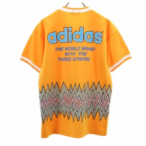 アディダス 80s デサント 日本製 ヴィンテージ トレフォイルロゴ バックプリント 半袖 Vネック Tシャツ L イエロー adidas メンズ