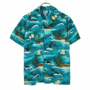 ロバートジェイクランシー ハワイ製 花柄 クジラ ヤシの木 半袖 アロハシャツ 12 ブルー系 RJC レディース