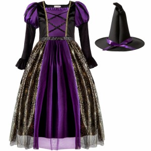 ハロウィン 仮装 子供 女の子 魔女風 ウィッチ 魔法使い コスプレ 衣装 長袖 ワンピース キッズ コスチューム ドレス とんがり帽子付き 2