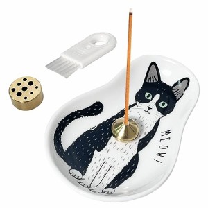 黒と白の猫 Umora お香立て 線香立て 猫のパタン皿 かわいい インテリア 香炉 癒しグッズ アロマ用 プレゼント 玄関 長さ10cm ブラシ付（