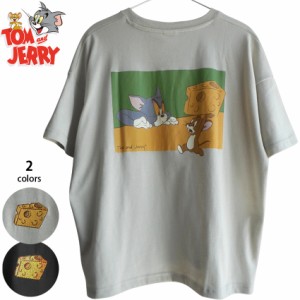 送料無料 トムとジェリー レディース メンズ Tシャツ 半袖 刺繍 ワンポイント バックプリント チーズ Tom&Jerry ねずみ くすみカラー ビ