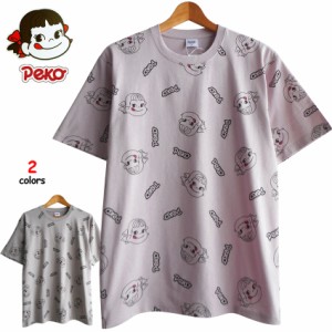 送料無料 ペコちゃん Ｔシャツ メンズ 不二家 ミルキー 総柄 包み紙 包装紙 キャンディー milky ぺろり 大人 渋い スマイル フェイス ロ