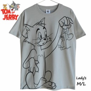 送料無料 トムとジェリー Tシャツ ジェリー トムさん ライトグレー Tom&Jerry ねずみ くすみカラー 半袖 レディース メンズ ペアルック 