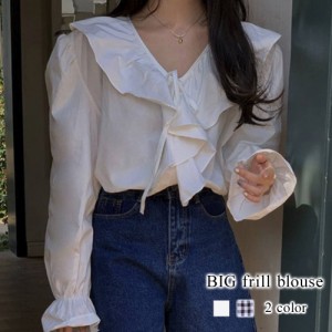 ブラウス レディース BIGフリルブラウス 事務服 フリル 高品質 Tシャツ 春 スーツ ボウタイ ワンピース 人気 ノーアイロン 秋 きれいめ 