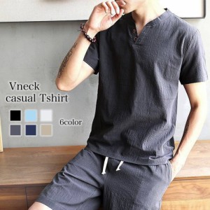 Tシャツ メンズ VネックカジュアルTシャツ ジャケット 綿 薄手 オシャレ 夏 ブランド コットン ロング 半袖 ワッフル 春 ポリエステル ス