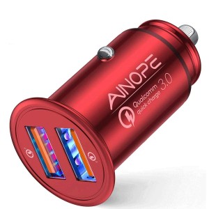 AINOPE シガーソケット usb デュアルQC3.0ポート 36W 6A 超小型 高速 車 充電器 急速充電 レッド 2ポート コンパクト