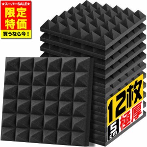 吸音材 防音 極厚 30*30*5cm 12枚 ウレタンフォーム 吸音パネル 耐火 吸音対策 遮音ウエッジ 両面テープ付き スタジオ 黒 送料無料