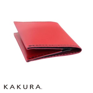 カクラ　KAKURA　二つ折りウォレット　slim　レッド　二つ折り財布　スリム　薄型　牛革　手縫い　ギフト　プレゼント　贈り物　メンズ　