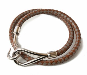 エルメス バングル/ブレスレット HERMES ジャンボブレス 編み込み レザー ブラウン/グレー シルバー金具 【中古】