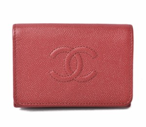 シャネル ミニ財布/3つ折財布 CHANEL 財布 ココマーク キャビアスキン ダークレッド 未使用【中古】