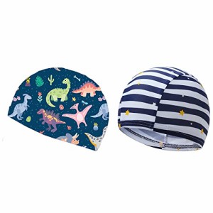 恐竜+青横 水泳帽 キッズ 水泳 キャップ 子供 スイムキャップ スイミングキャップ プール帽 男児 女児 UVカットスイミング帽子 プール帽