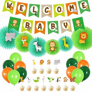 Welcome Baby CrzPai ベビーシャワー 飾り付けセット パーティー 飾り付け ペーパーファン WELCOME BABY ガーランド 森 動物 ケーキトッ