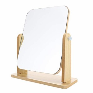 19.5X9X24CM_khaki Lurrose 鏡 卓上化粧鏡 化粧ミラー かがみ 360度回転できる天然木製ベースの化粧鏡 テーブルミラー卓上ミラー （長方