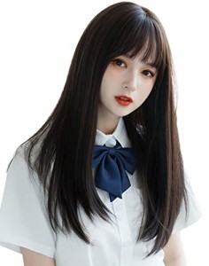 黒茶色 ウィッグ セミロング グラデーション ストレート ぱっつん フルウィッグ かつら レディース wig 自然 小顔 黒茶色