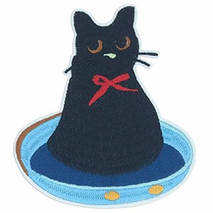 ブラック 黒猫刺繍のバッジのアップリケアイロンがけまたは 縫いワッペン 約幅11.3cm×縦13cm 1枚入り（ブラック)